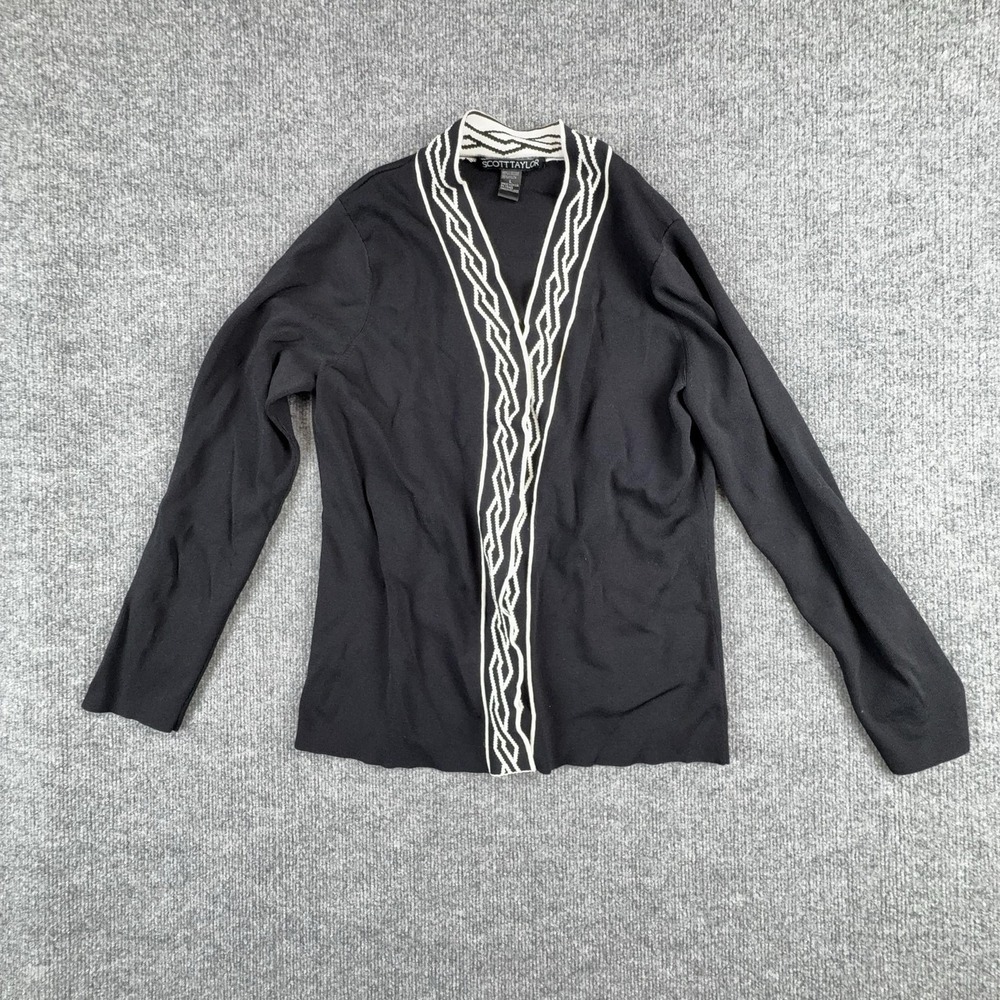 Scott Taylor Cardigan‎ Sweater Womens Large Black Open Front Contrast Trim